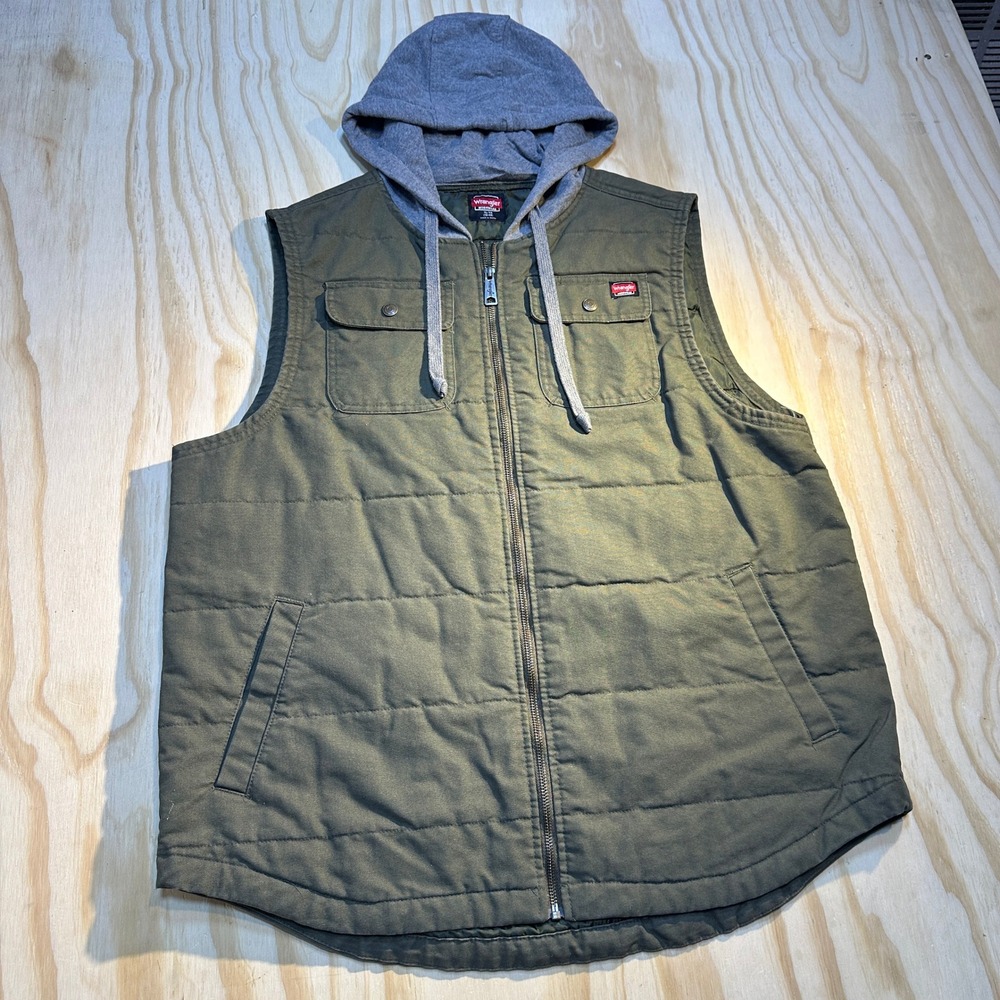 Wrangler Workwear Mens XL Olive Green Hooded Quilted Canvas Utility Vest